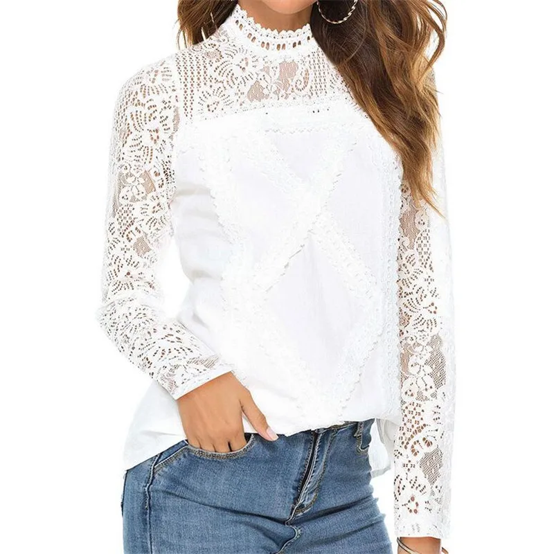 Женская кружевная блузка в стиле бохо белая облегающая с цветочным кружевом