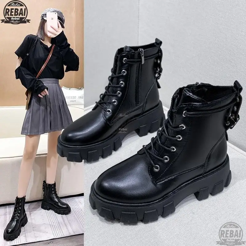 

Женские ботильоны на молнии, Повседневная модная обувь из искусственной кожи на толстой подошве, однотонная Классическая Женская обувь в с...