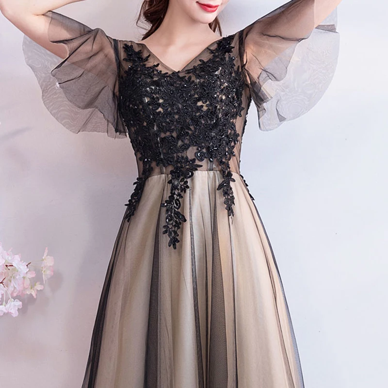 

Evening Dress Illusion Luxury Black Tulle Beading Crystal Embroidery Floor-Length A-Line V-Neck Lace Formal Gown For Women TS460