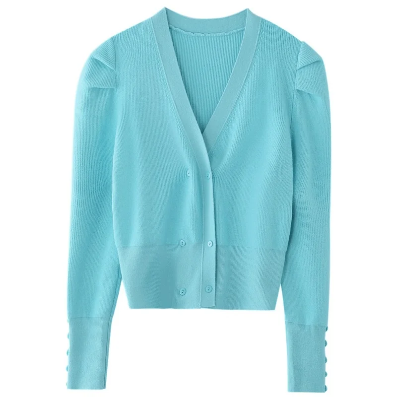 

Korean Autumn New Style Bubble Sleeve Waist Short V-neck Cardigan Knitted Jacket For Women Sky Blue Lack Color Loose Sweaters