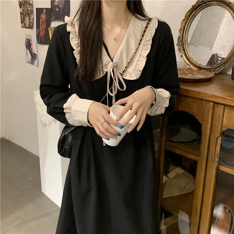 

Long Sleeve Dresses Women Japanese Style Chic Leisure Loose Cute Madien Trendy Black All-match College Preppy Patchwork V-Neck