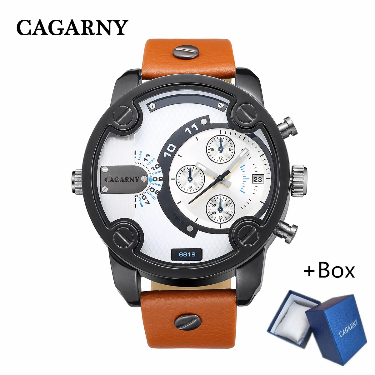 

New CAGARNY Brand Big Men's Fashion Luxury Leather Strap Quartz Watch Date Display Japanese Move Luxury Clock relogio masculino