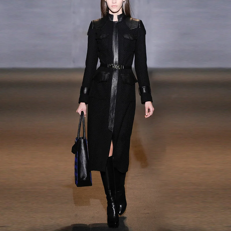 Черное винтажное шерстяное пальто из искусственной кожи в стиле пэчворк для