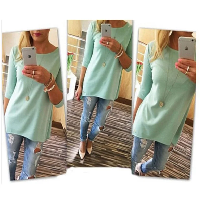 light blue M& DE футболка для женщин рукав три четверти однотонная с круглым вырезом camisa feminina лето осень футболка женская poleras mujer de moda - Цвет: light blue