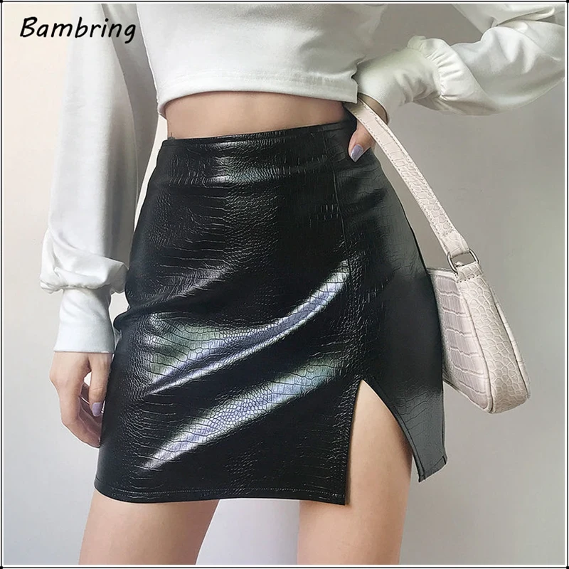 

Vintage Faux Crocodile Leather Skirt Women Sexy Mini A-line Skirt Hems Split Ladies Fashion Spring Stretch PU Skirt Bodycon Slim