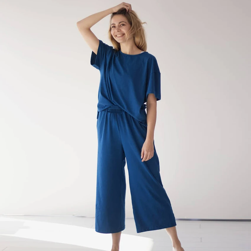 

Hiloc Solid Color Sleepwear Casual Home Suit For Women Pajama Drop Sleeve Trouser Suits Sexy Slit Sleep Tops Round Neck Homewear
