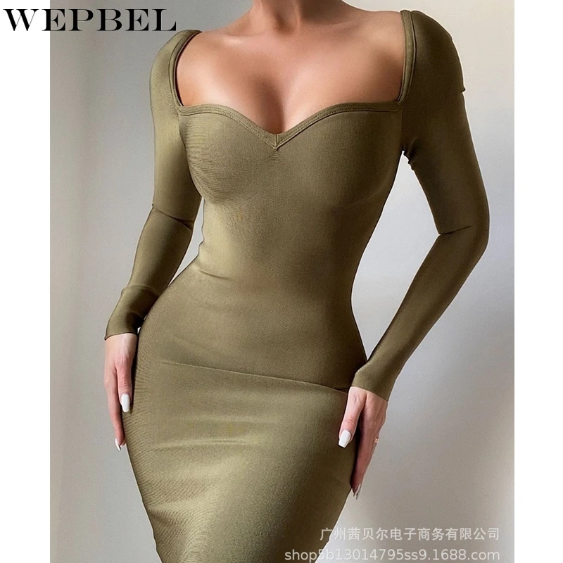 

WEPBEL Casual High Waist Dress Women's Solid Color Strapless Dress Autumn Sexy Long Sleeve Slim Square Collar Dress