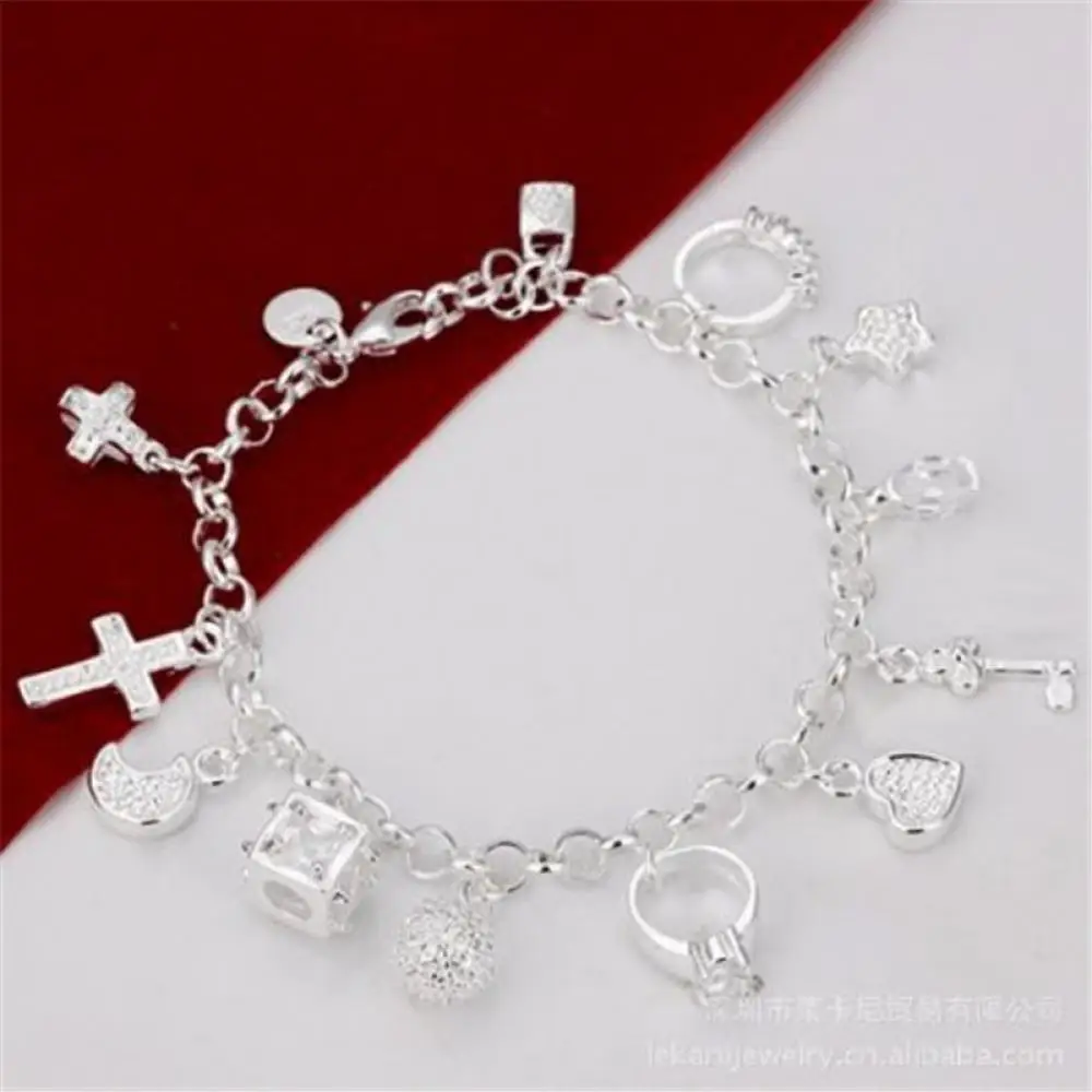 

Hot Sterling Silver Plated Fashion Women 13 Charm Pendant Beautiful Bracelet Long Chain Luxury Jewelry Crystal Fashion