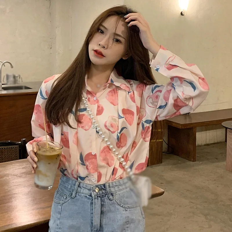 

Jlong Women Korean Turn-Down Collar Shirt Tops Loose Single-Breasted Female Casual Long Sleeve Shirt
