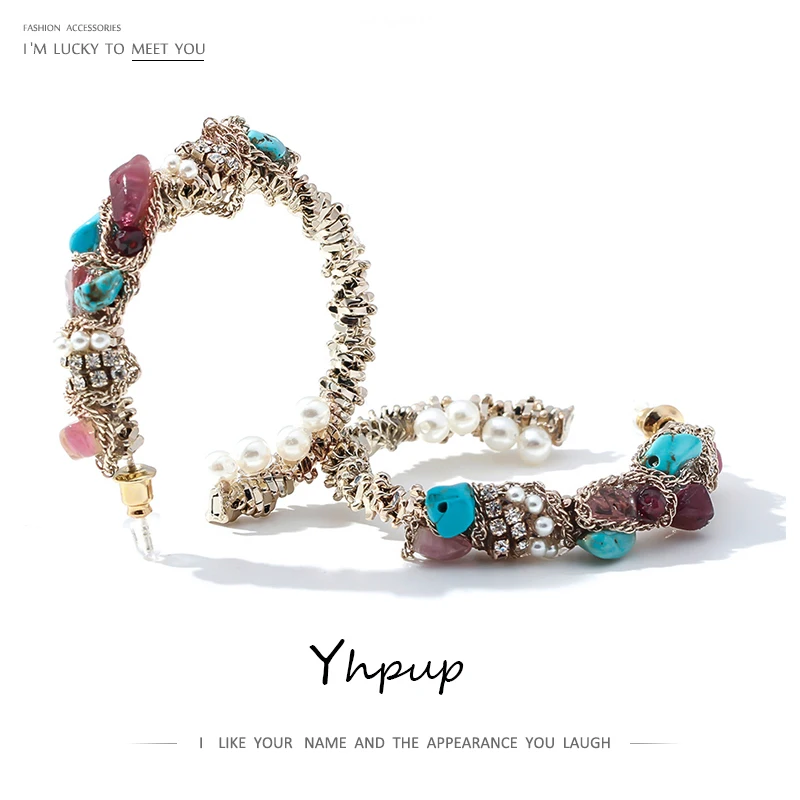 Женские серьги кольца Yhpup винтажные с синим камнем и жемчугом ручной работы