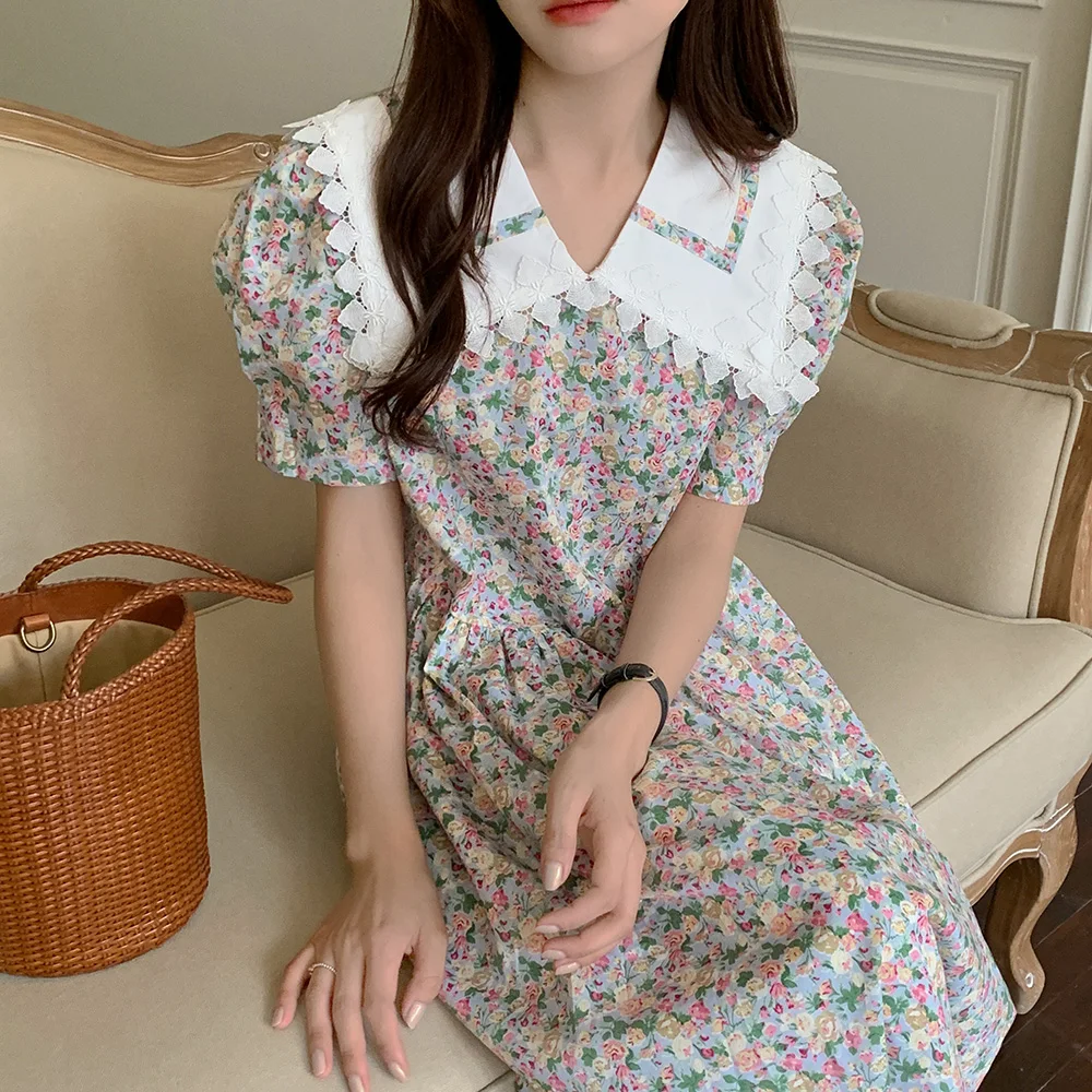 

Summer Women's Vintage Floral Dress Korean Clothing Lapel Bud Puff Sleeve Boho Dress 2021 Female Vestidos