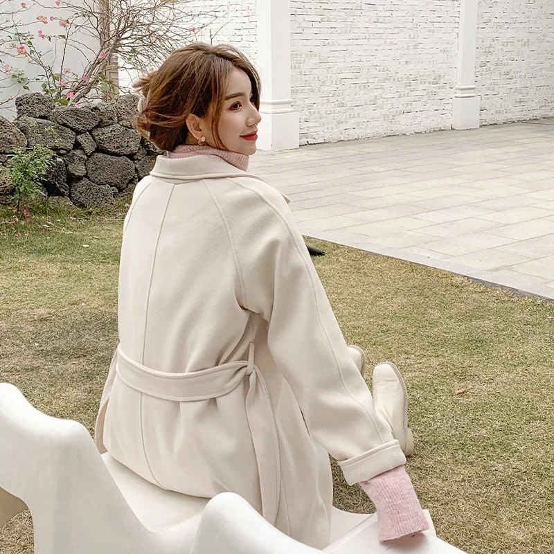 Женское шерстяное пальто с поясом Свободное длинное в Корейском стиле на осень и