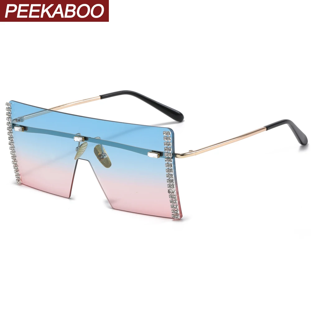 

Peekaboo one piece lens retro sunglasses rimless rhinestone female gradient big sun glasses for women blue 2022 party pink