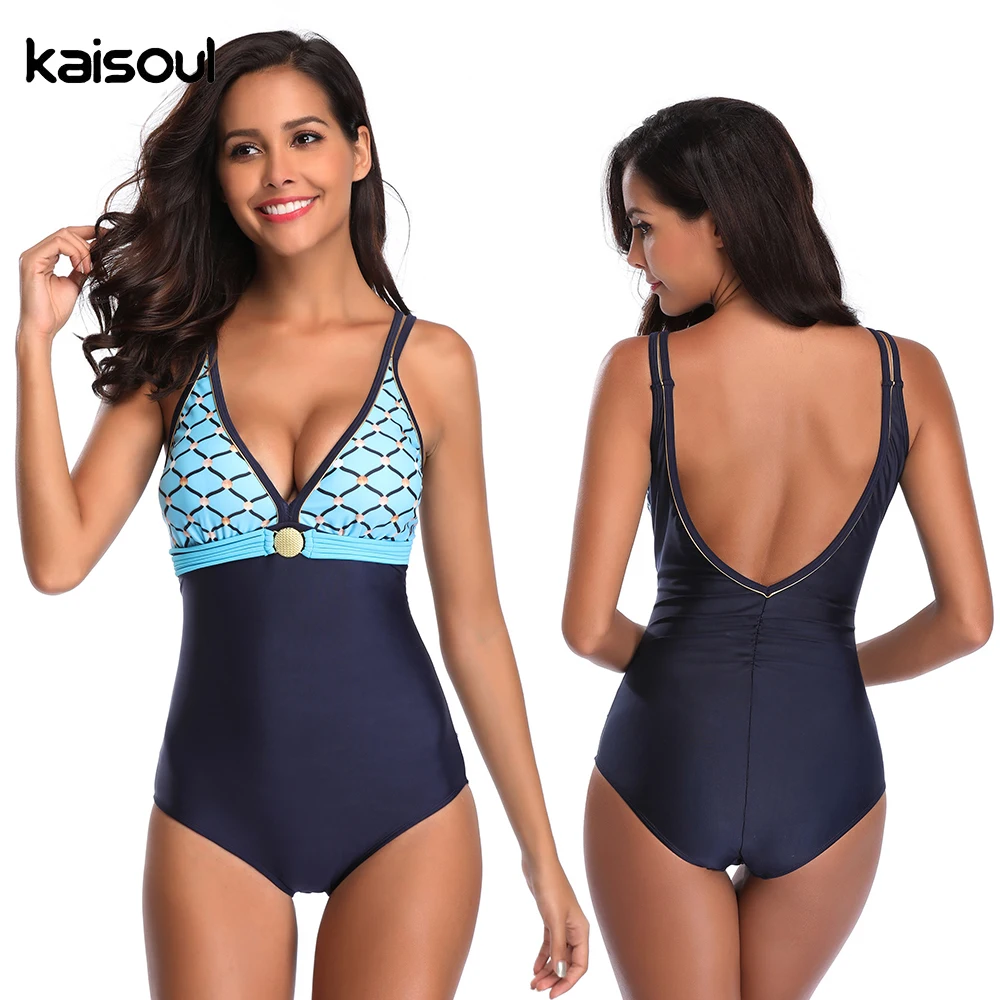 Цельный купальник с люверсами танкини женский юбкой годе пляжная одежда синий