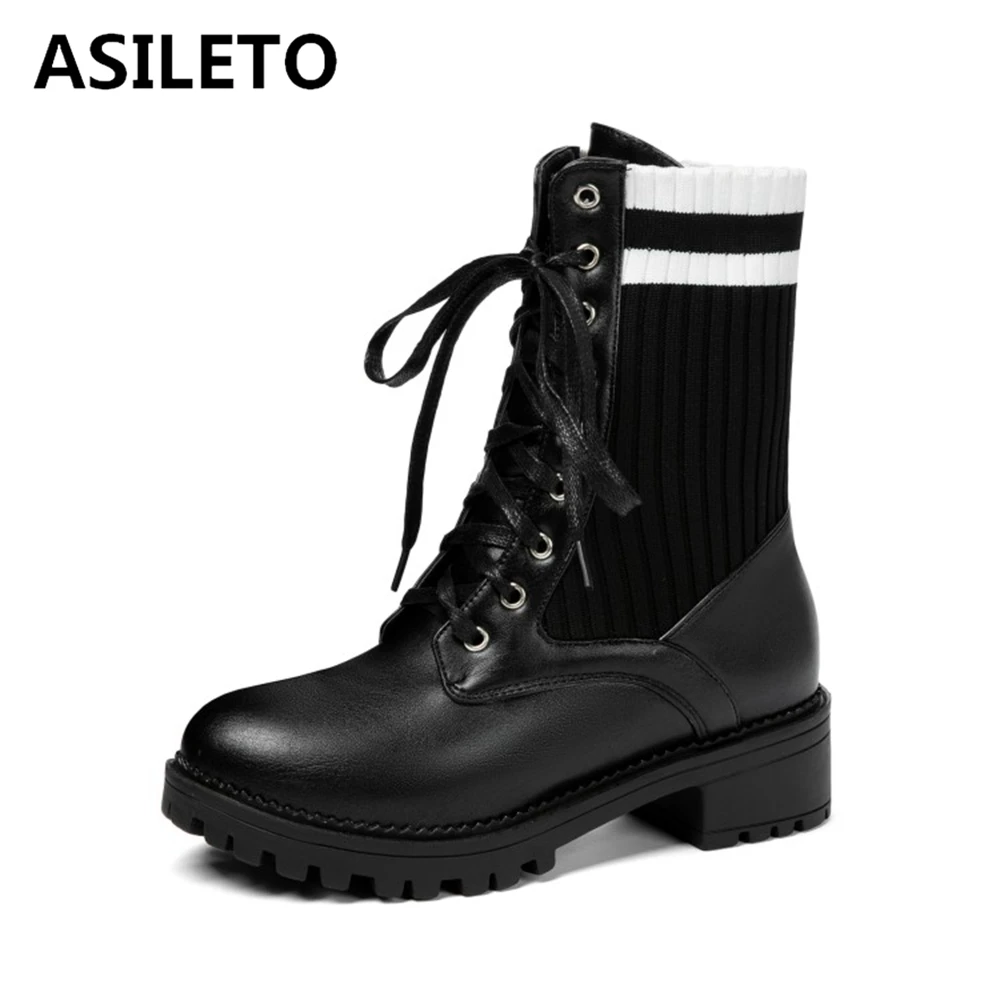 

ASILETO/демисезонные мотоциклетные ботинки до середины икры с круглым носком, на квадратном каблуке, из PU искусственной кожи, с перекрестной шн...