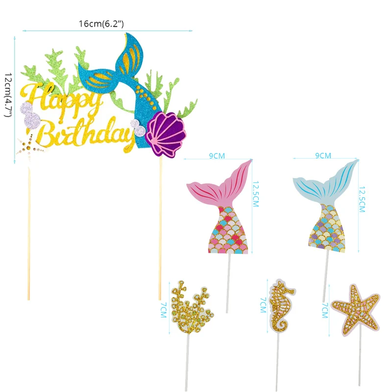 6pcs cake toppers MEIDDING девушка день рождения одноразовая посуда набор Русалка Вечерние воздушные шары тарелки чашки баннер для свадебного оформления Baby Shower - Цвет: 6pcs cake toppers