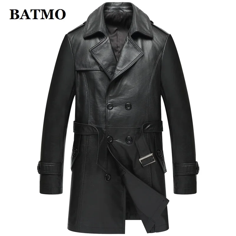 BATMO 2020 new arrival 100% natural cow leather jackets men,men's Double Breasted wine red leather trench coat,8307