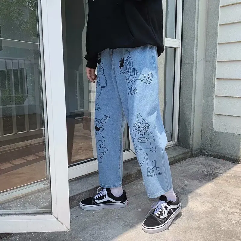 Оптовая продажа весна 2021 мужские прямые свободные джинсы с мультяшным принтом