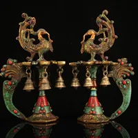 13"Tibet Temple Collection Old Bronze outline in gold mosaic Gem outline in gold Phoenix statue Oil lamp A pair Bells Wax table