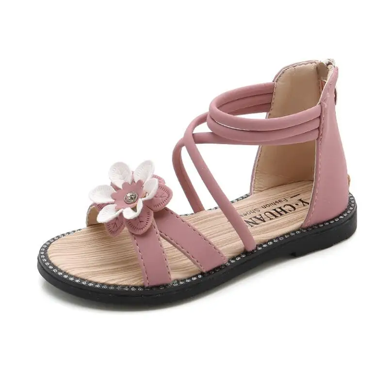 Girls Sandals Summer Shoes Cute Flower Roman Shoes Pink Green Pearl Beading Open-toe Kids Girls Beach Sandals Kids Shoes Zip images - 6