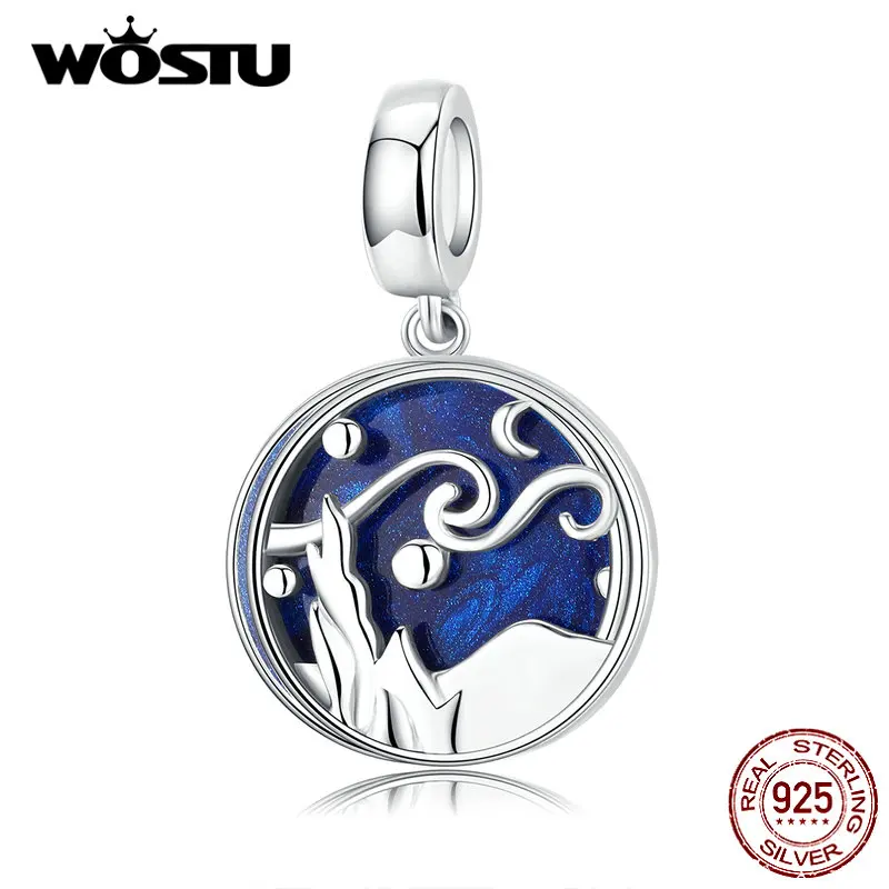 WOSTU, новая мода, 925 пробы, серебро, звездное небо, голубые шармы, подходят к оригинальному браслету, кулон, бусы, Аутентичные, S925 ювелирные изделия CQC1389