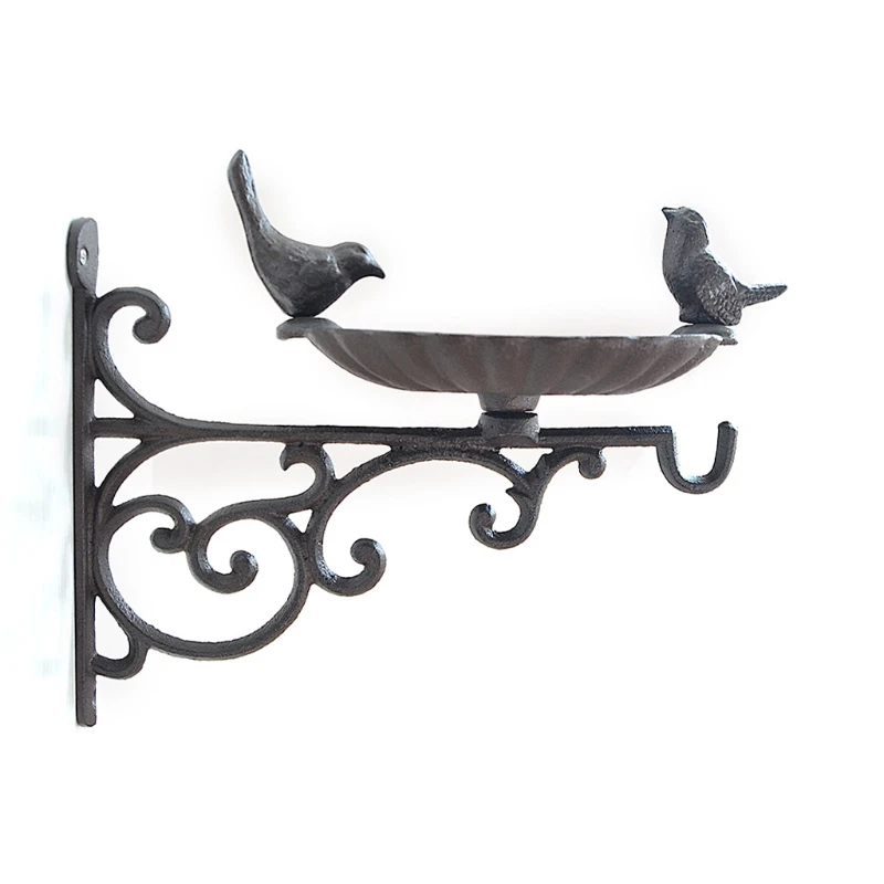 

Bird Bath Cast Iron Wall Hanging Bird Food Basin Weatherproof Feeding Bowl Wrought Iron Hook Garden Antique Decoration