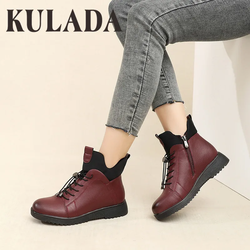 KULADA/новые женские ботильоны с двойной молнией Короткие ботинки плюшевой