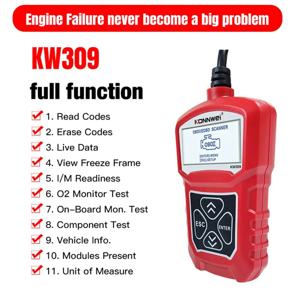 Автомобильный диагностический сканер KONNWEI KW309 OBDII универсальный Улучшенный
