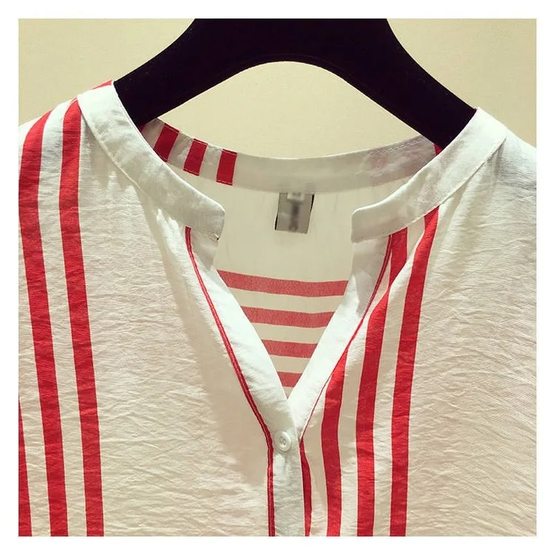 

Blusas Mujer Striped Shirt Plus Size Women Short Sleeve Korean Style Loose Wild Blouse Woman Summer V-neck Woman's Shirts 9854