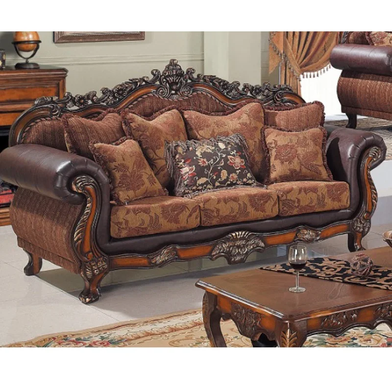 

Wooden home furniture royal luxury living room wood leather and fabric sofa WA718