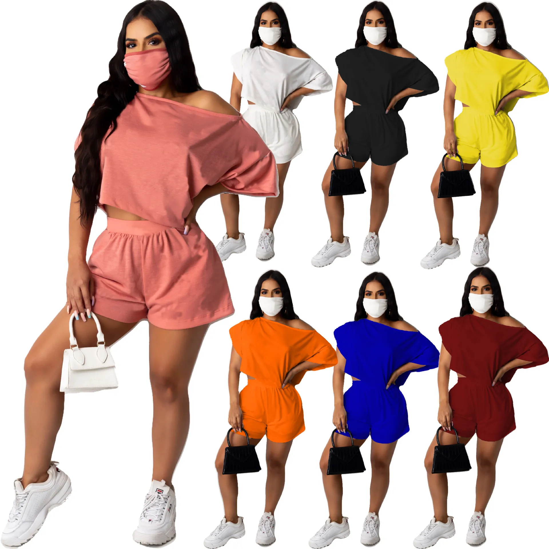 

2020 Summer Women's Tracksuit European and American Hot Style Solid-color One Shoulder Short Sleeve Biker Pants Two Piece Set