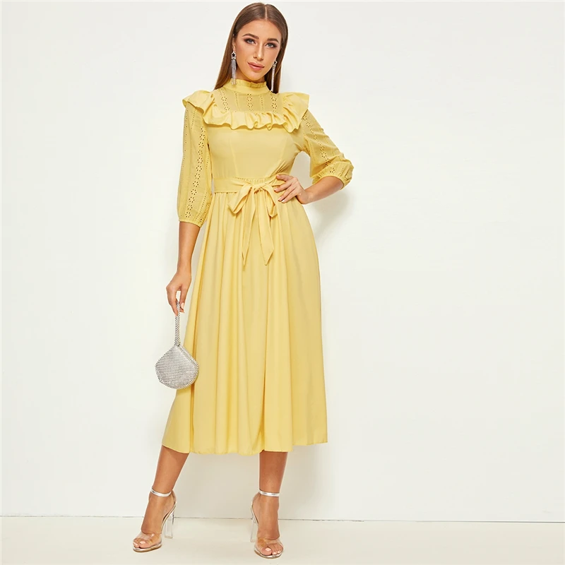 SHEIN женское платье с декоративной оборкой и поясом, весенне-осеннее длинное платье, приталенное и расклешенное ТРАПЕЦИЕВИДНОЕ элегантное платье в стиле ампир