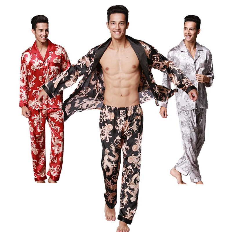

Nightgown Men Silk Robe Long-Sleeved 2021 Summer Home Pajama Dragon Pattern Nightgown Kimono Bathrobe Pants For Night Gown Sets