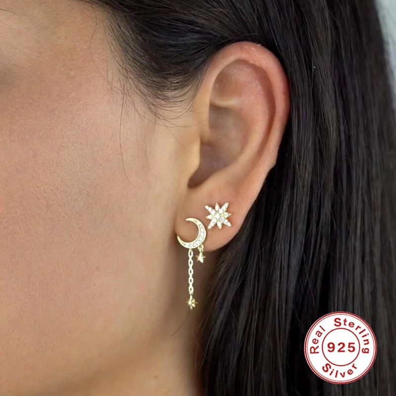 

Aide 925 Sterling Silver Stud Earrings Versatile Chain Personality Moon-Star Inlaid Crystal For Ladies Zircon Silver Jewelry