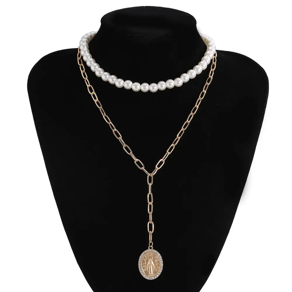 

Goth Virgin Mary Circle Pendant Choker Necklace Statement Boho Vintage Angel Coin Long Chain Necklace Women Fashion Jewelry 2020