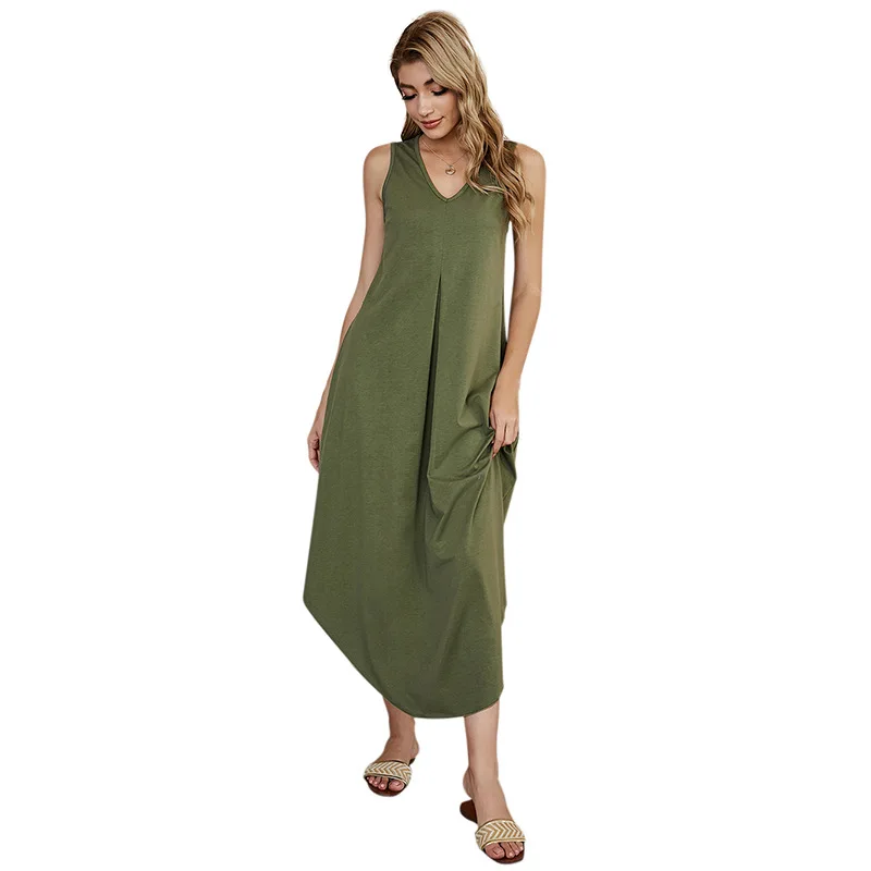 

Sexy Women Solid Color Maxi Dress Loose Sleeveless Dresses Irregular High Waist V-Neck Sling Long Green Casual Homewear Dress
