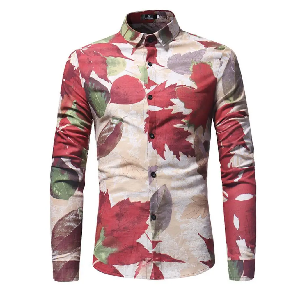 

Office Men Floral Leaves Printing Tops Spring Autumn Male Bottoming Shirts