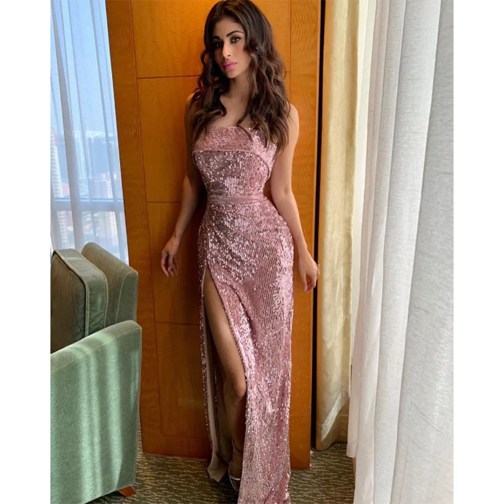 

Женское облегающее вечернее платье, розовое платье без бретелек с высокой талией, разрезом, открытой спиной и блестками, платье для выпускн...