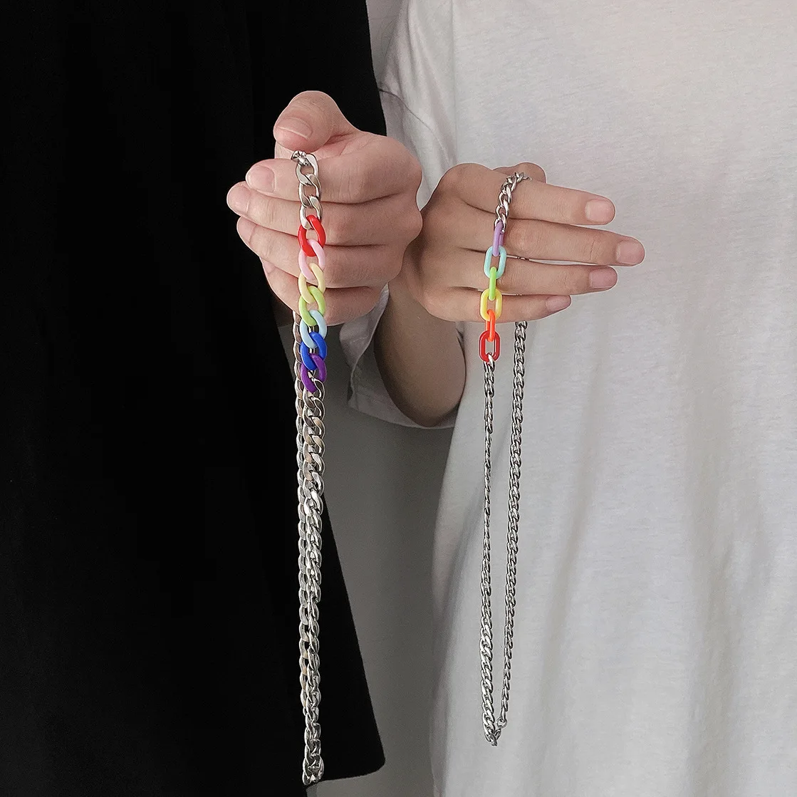 

Basic Punk Stainless Steel Necklace for Men Women Curb Cuban Link Chain Chokers Vintage Rainbow Chain Tone Solid Metal Gothic