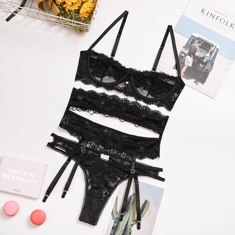 

Z0487 Wholesale Mesh Lace Cup mesh transparent 3-piece Bodysuits women lingerie sexy