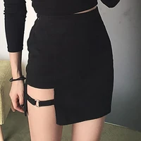 hot sale summer ladies high waist pure black bag hip skirt short gothic asymmetric mini skirt with metal buckle streetwear 2021