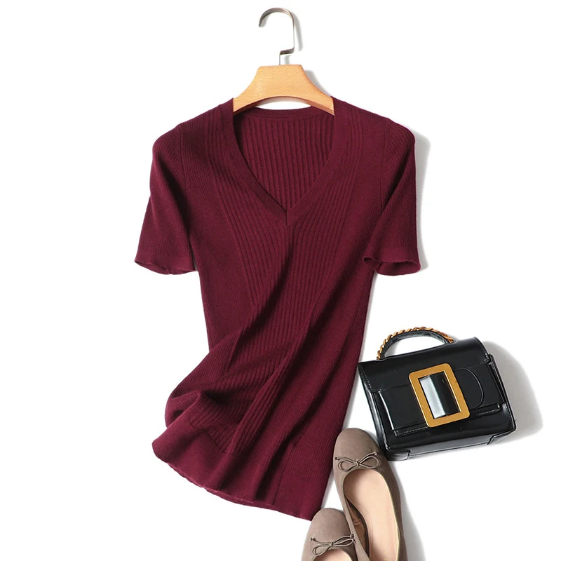 new fashion 100% Cashmere v neck short sleeve rib sweater women | Женская одежда