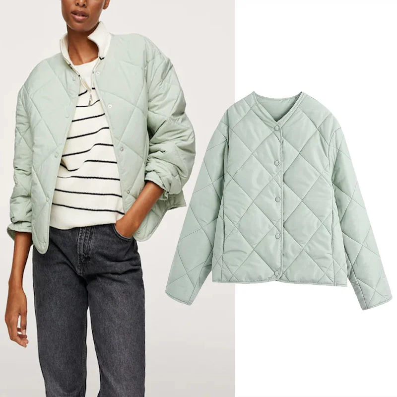 

Winter 2021 Women Solid Warm Cotton Jackets Za Vintage Round Neck Long Sleeves Simple Outerwear Loose Casual Button Female Coats
