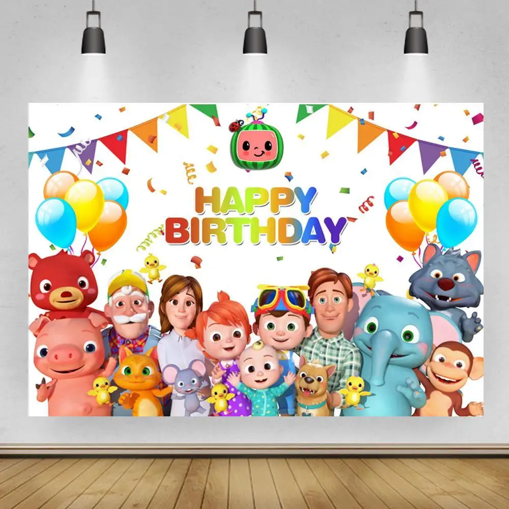 

Cartoon Family Party Dinner Table Decor Backdrops Cake Smash Ribbons Balloons Kids 1st Birthday Cocomelon White Photo Background