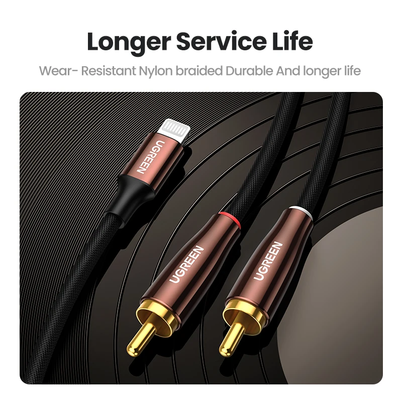Кабель UGREEN с Lightning на RCA MFi Сертифицированный разделитель 2RCA аудио AUX адаптер Hi-Fi