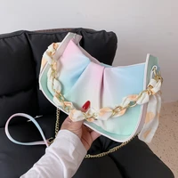 pu leather women luxury designer handbag 2021 shopper bags fashion rainbow color gradient pleated silk scarf chain crossbody bag