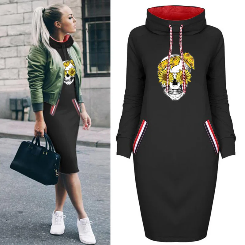 

Sweatershirt Dresses for Women Skull Cartoon Long Sleeve Streetwear Thin Vintage Punk Loose Sukienka Korean Fashion Black Dress