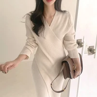 new korean fashion womens knitted dress for autumnwinter 2021 one piece gentle v neck waist slimming midi knit sweater dresses