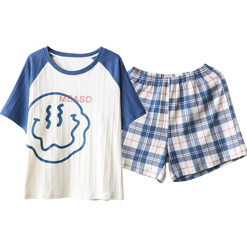 

Cartoon T-shirt Fashion Blue Plaid Shorts Nightwear Casual Patchwork Comfortable Soft Cotton Sleepwear Summer Couple Pajamas Set