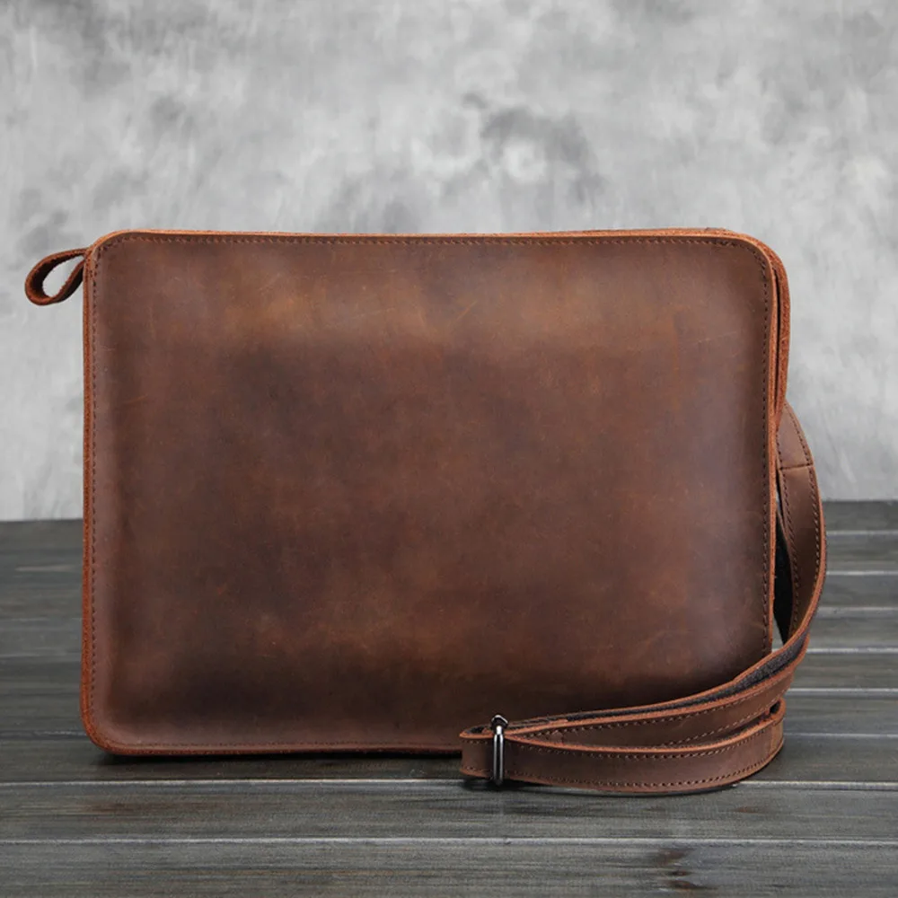 OYIXINGER Genuine Leather Laptop Briefcase Luxury Retro Shoulder Bag Male Top Quality Crazy Horse Laptop Bag For 13